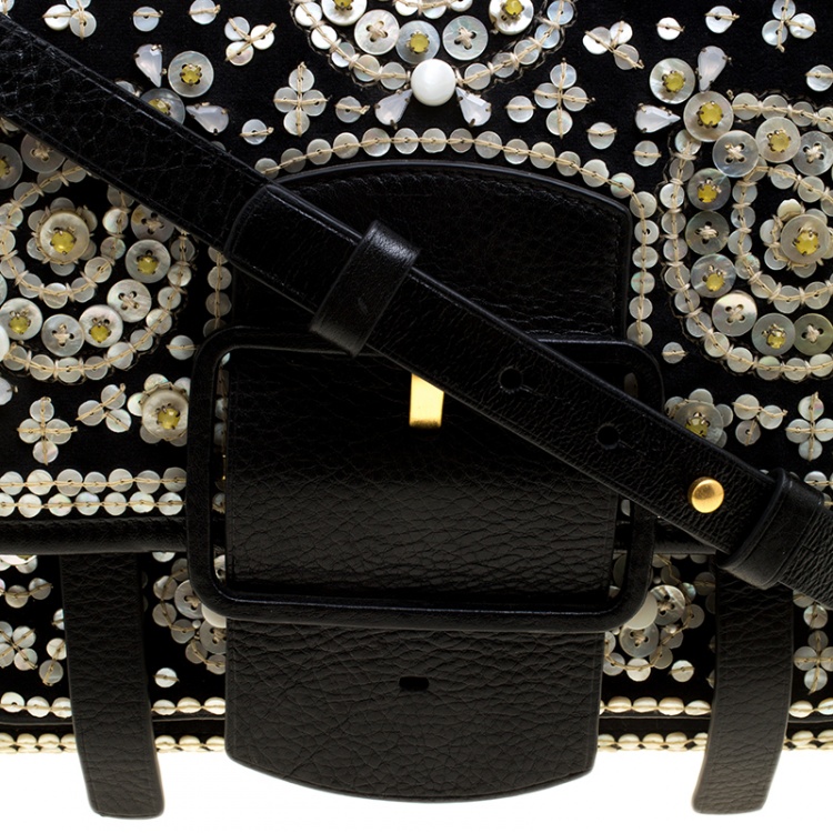 Pre Owned Tory Burch Black Velvet and Leather Embellished Sawyer Top Handle Bag