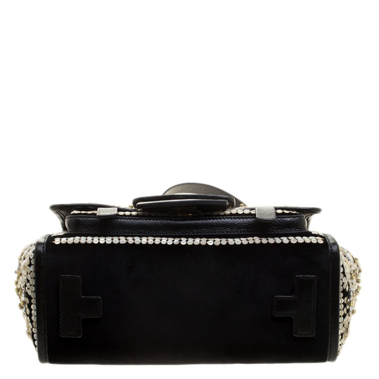 Pre Owned Tory Burch Black Velvet and Leather Embellished Sawyer Top Handle Bag