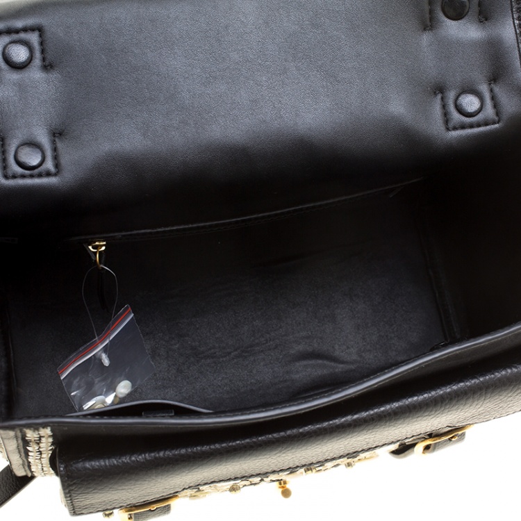Pre Owned Tory Burch Black Velvet and Leather Embellished Sawyer Top Handle Bag
