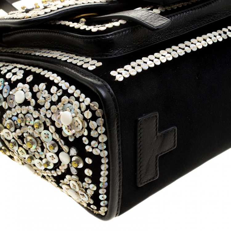 Pre Owned Tory Burch Black Velvet and Leather Embellished Sawyer Top Handle Bag