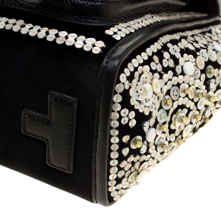 Pre Owned Tory Burch Black Velvet and Leather Embellished Sawyer Top Handle Bag