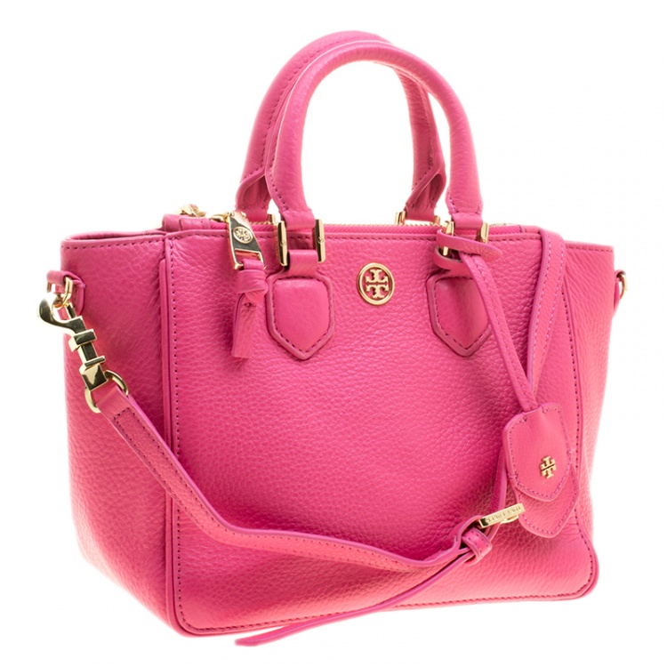 Pre Owned Tory Burch Pink Pebbled Leather Mini Square Robinson Tote
