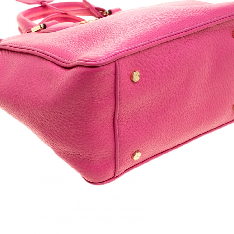 Pre Owned Tory Burch Pink Pebbled Leather Mini Square Robinson Tote