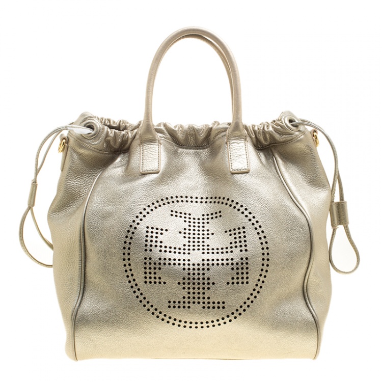 Tory Burch Metallic Silver Leather Perforated Logo Drawstring Tote with  Pochette Accessories Tory Burch | TLC