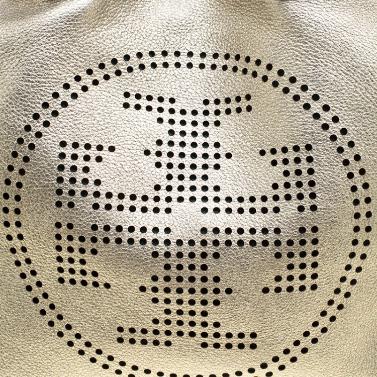 Pre Owned Tory Burch Metallic Silver Leather Perforated Logo Drawstring Tote with Pochette Accessories 