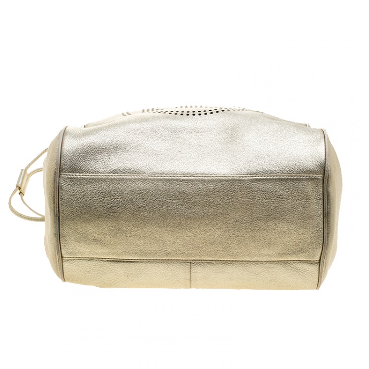 Pre Owned Tory Burch Metallic Silver Leather Perforated Logo Drawstring Tote with Pochette Accessories 