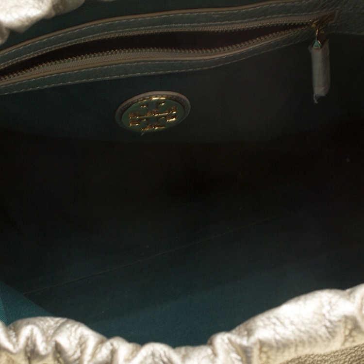 Pre Owned Tory Burch Metallic Silver Leather Perforated Logo Drawstring Tote with Pochette Accessories 