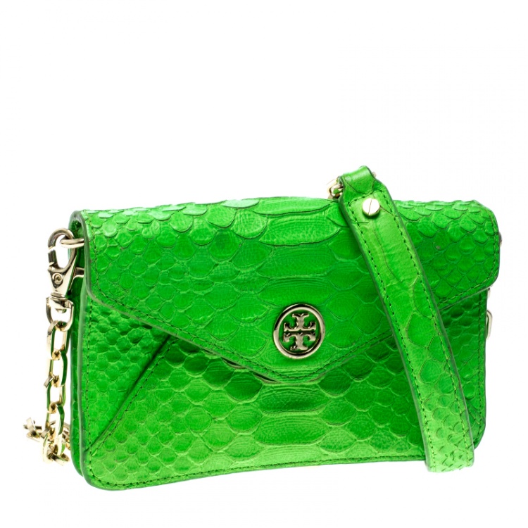 Pre Owned Tory Burch Neon Green Python Embossed Leather Miniature Crossbody Bag
