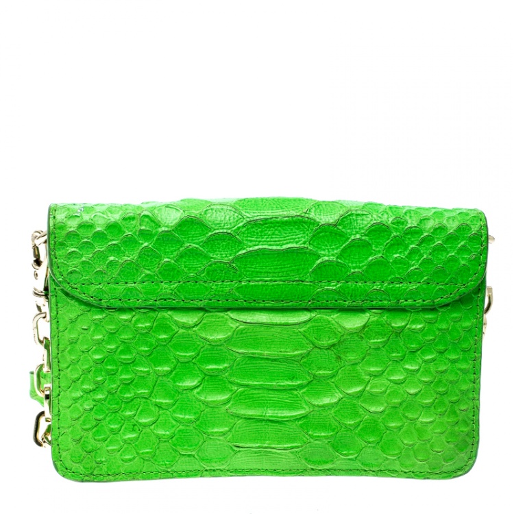 Pre Owned Tory Burch Neon Green Python Embossed Leather Miniature Crossbody Bag