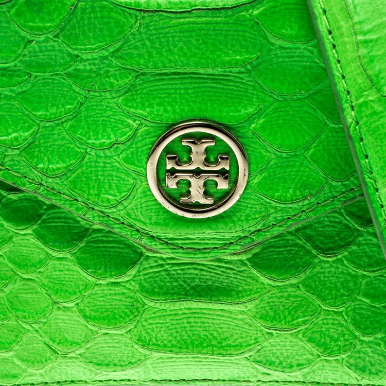 Pre Owned Tory Burch Neon Green Python Embossed Leather Miniature Crossbody Bag