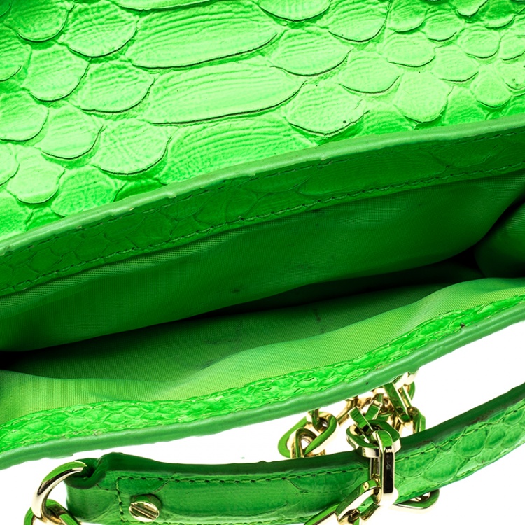 Pre Owned Tory Burch Neon Green Python Embossed Leather Miniature Crossbody Bag