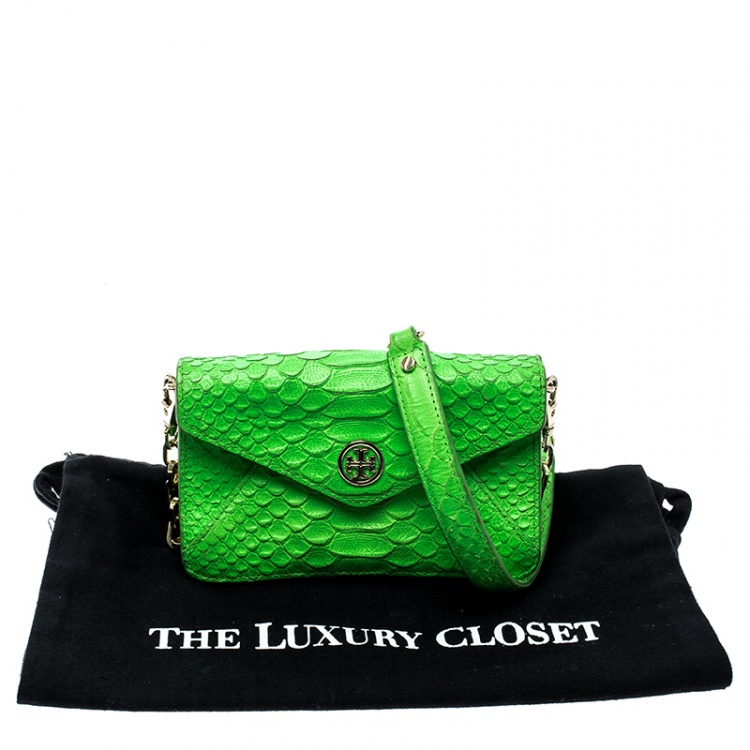 Pre Owned Tory Burch Neon Green Python Embossed Leather Miniature Crossbody Bag
