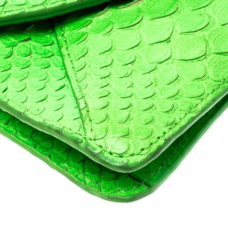Pre Owned Tory Burch Neon Green Python Embossed Leather Miniature Crossbody Bag