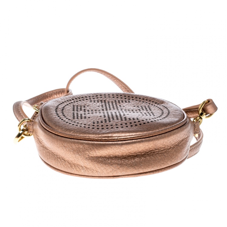 Pre Owned Tory Burch Metallic Beige Leather Logo Round Crossbody Bag 