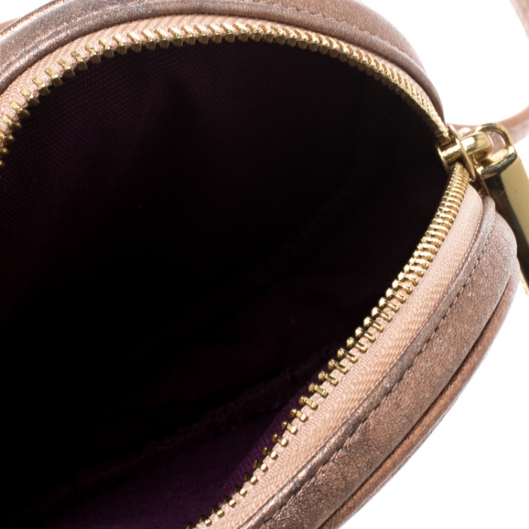 Pre Owned Tory Burch Metallic Beige Leather Logo Round Crossbody Bag 