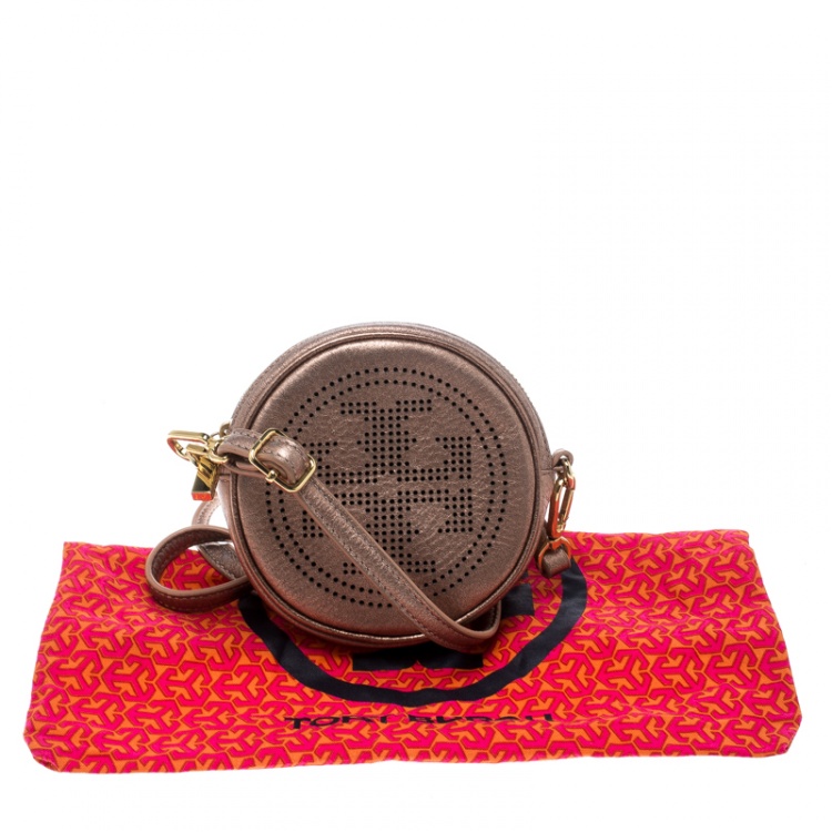 Pre Owned Tory Burch Metallic Beige Leather Logo Round Crossbody Bag 