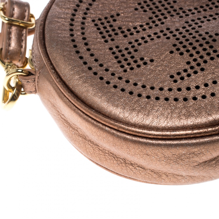 Pre Owned Tory Burch Metallic Beige Leather Logo Round Crossbody Bag 