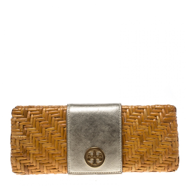 Pre Owned Tory Burch Dark Beige Rattan Wicker Clutch