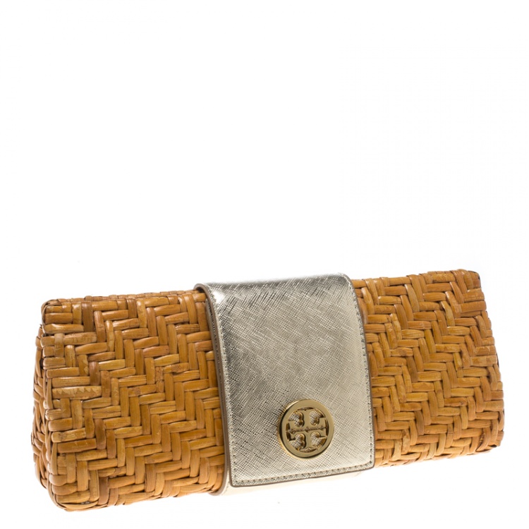 Pre Owned Tory Burch Dark Beige Rattan Wicker Clutch