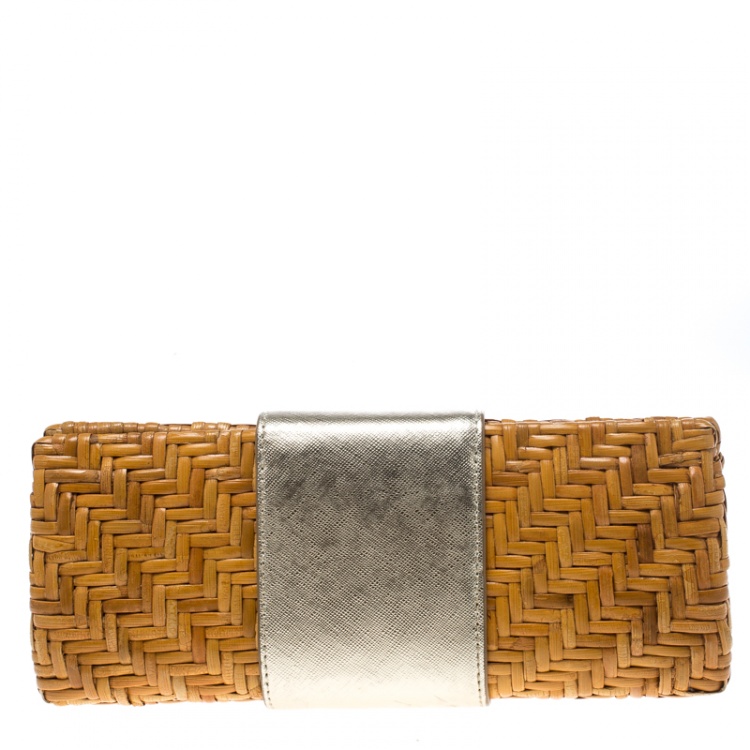 Pre Owned Tory Burch Dark Beige Rattan Wicker Clutch