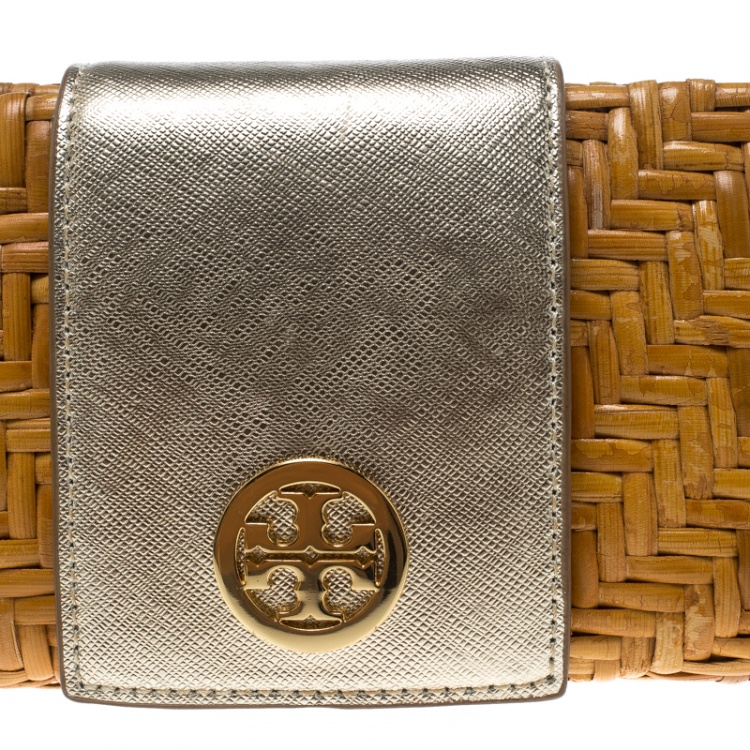 Pre Owned Tory Burch Dark Beige Rattan Wicker Clutch