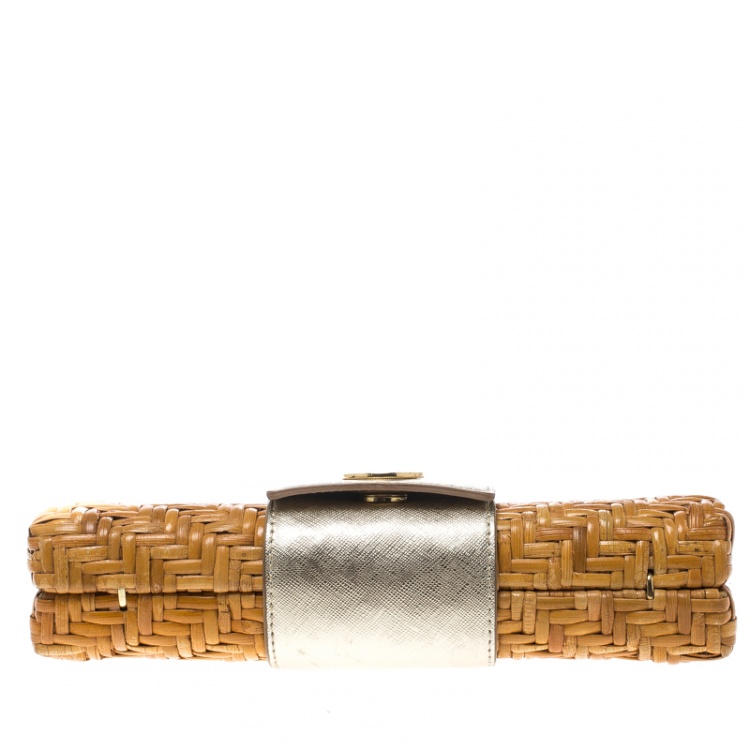 Pre Owned Tory Burch Dark Beige Rattan Wicker Clutch