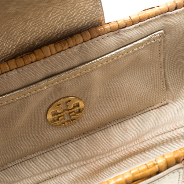 Pre Owned Tory Burch Dark Beige Rattan Wicker Clutch