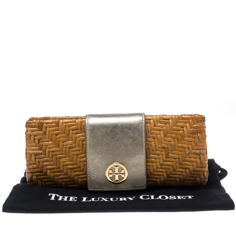 Pre Owned Tory Burch Dark Beige Rattan Wicker Clutch