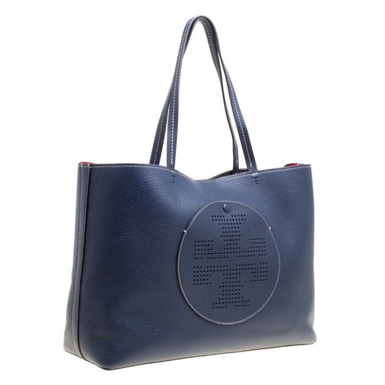 Pre Owned Tory Burch Navy Blue Leather Perforated Logo Tote