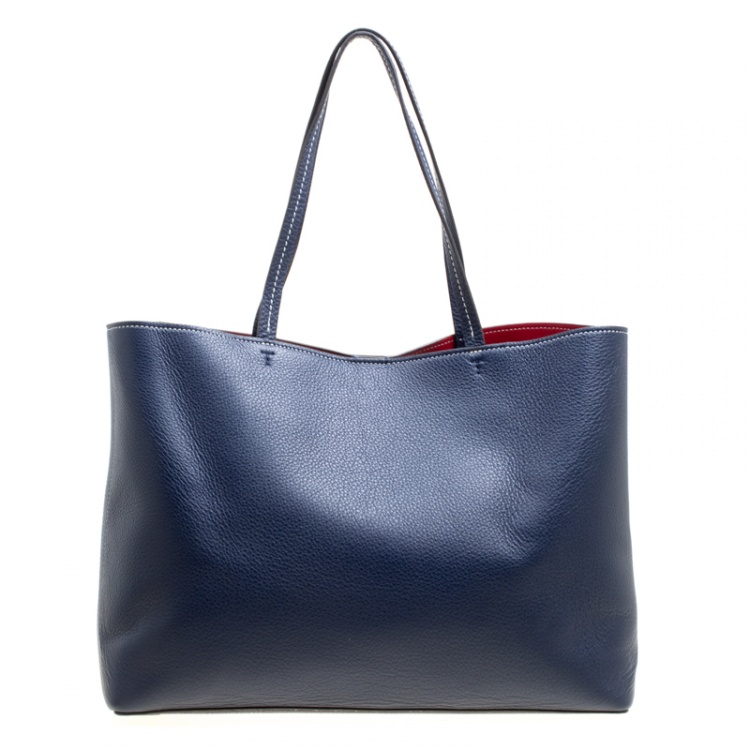 Pre Owned Tory Burch Navy Blue Leather Perforated Logo Tote