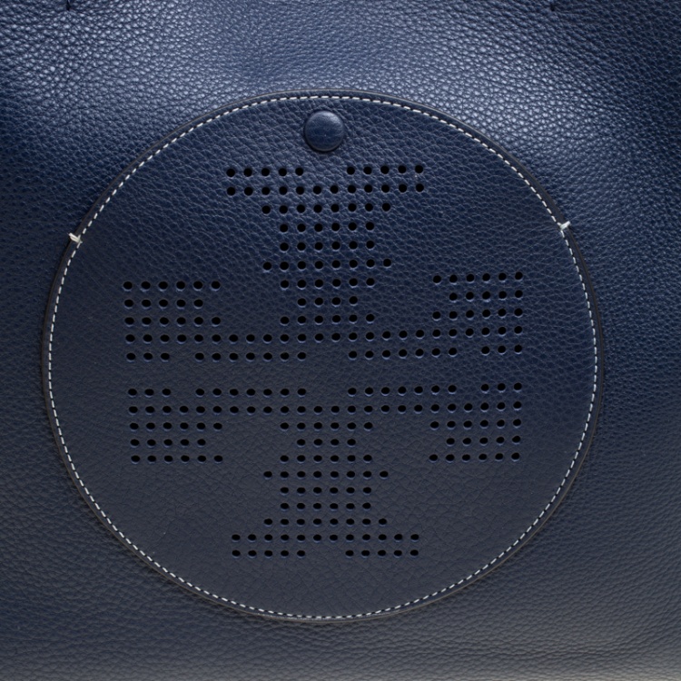 Pre Owned Tory Burch Navy Blue Leather Perforated Logo Tote