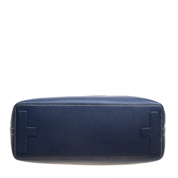 Pre Owned Tory Burch Navy Blue Leather Perforated Logo Tote