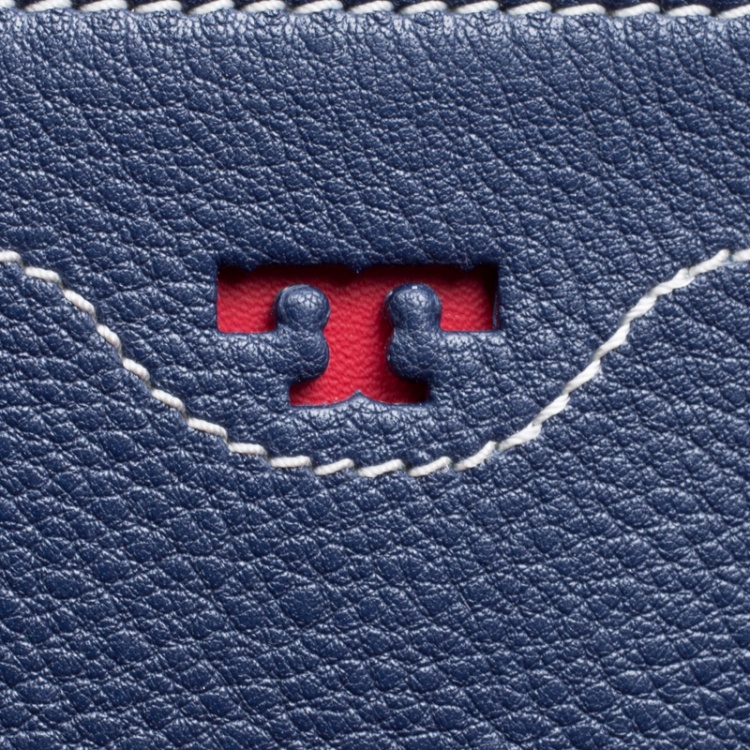 Pre Owned Tory Burch Navy Blue Leather Perforated Logo Tote