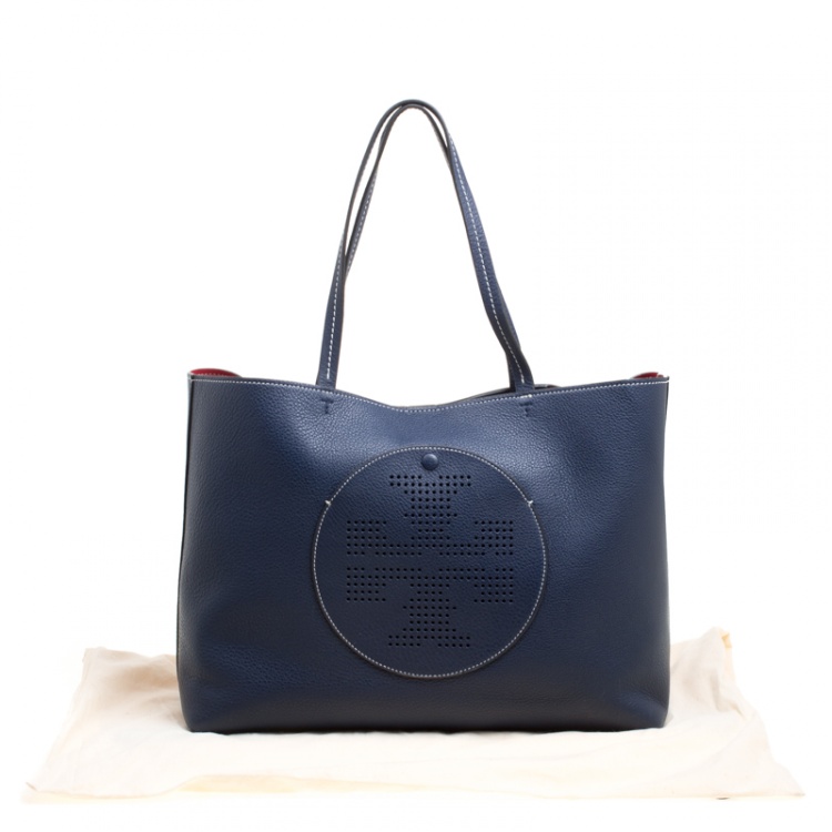 Pre Owned Tory Burch Navy Blue Leather Perforated Logo Tote