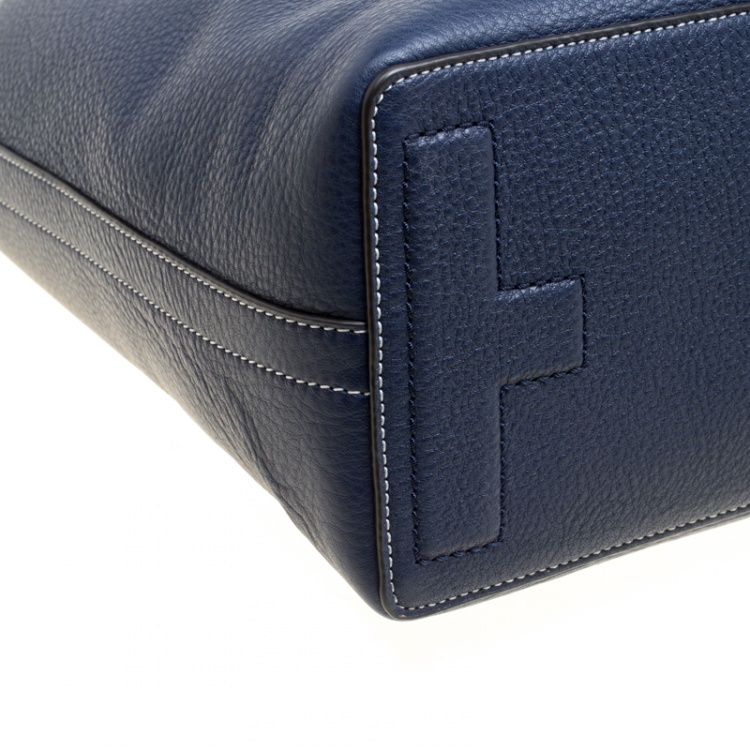 Pre Owned Tory Burch Navy Blue Leather Perforated Logo Tote