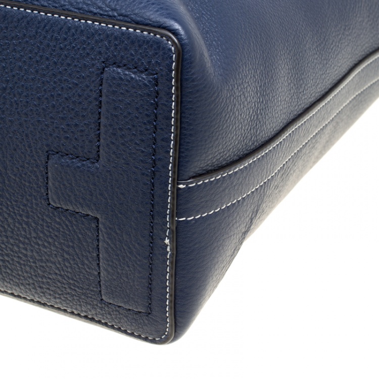 Pre Owned Tory Burch Navy Blue Leather Perforated Logo Tote