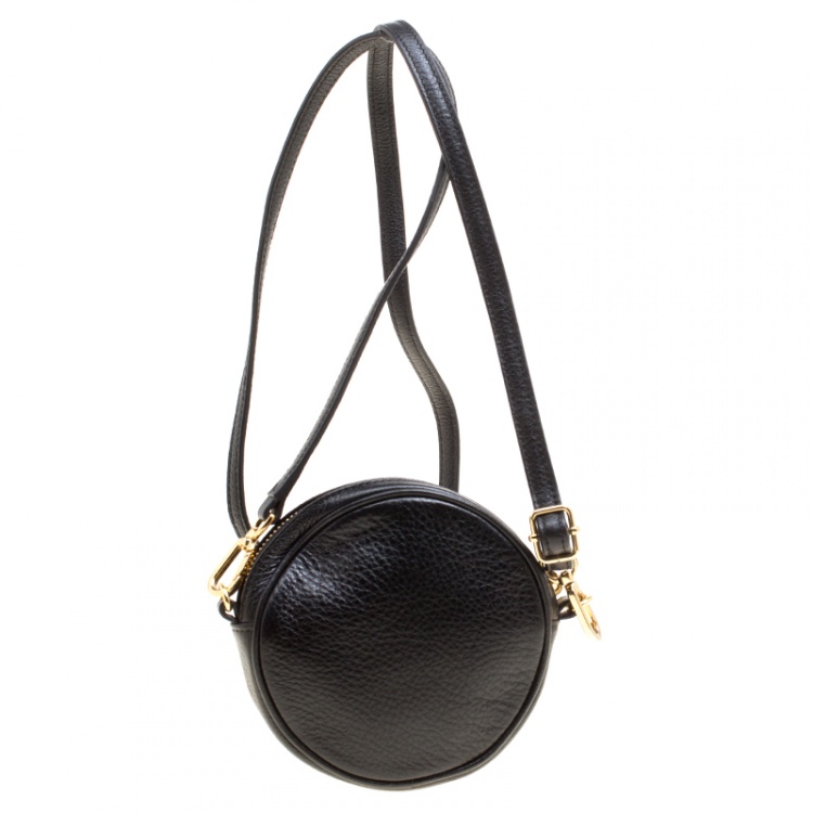 Pre Owned Tory Burch Black Leather Perforated Logo Round Crossbody Bag