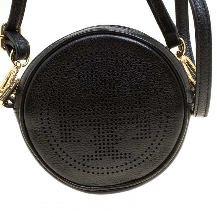 Pre Owned Tory Burch Black Leather Perforated Logo Round Crossbody Bag