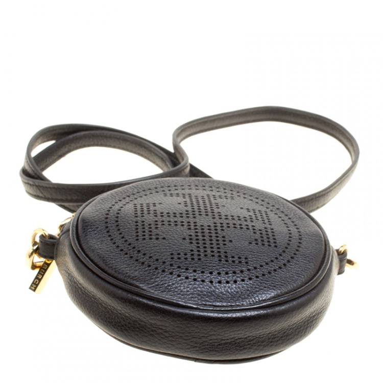 Pre Owned Tory Burch Black Leather Perforated Logo Round Crossbody Bag