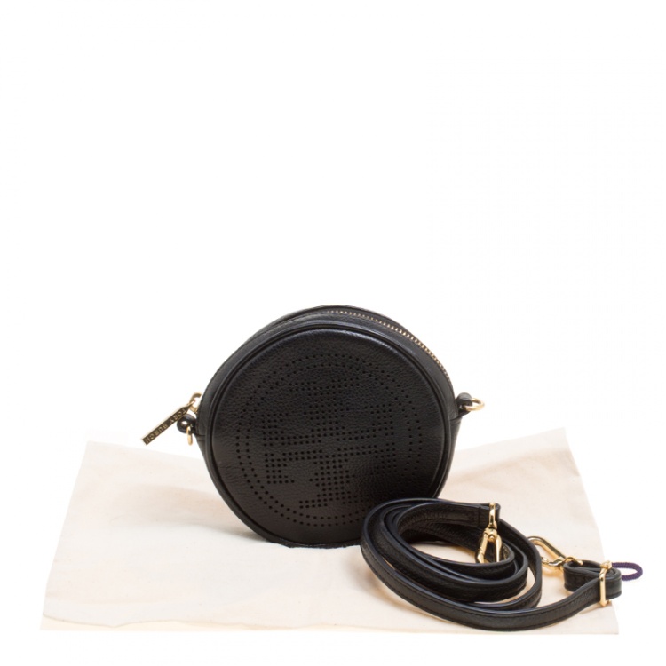 Pre Owned Tory Burch Black Leather Perforated Logo Round Crossbody Bag