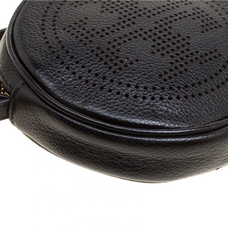 Pre Owned Tory Burch Black Leather Perforated Logo Round Crossbody Bag