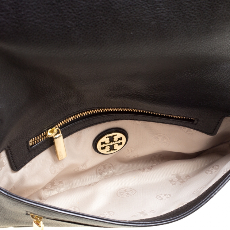 Pre Owned Tory Burch Black Leather Reva Logo Crossbody Bag