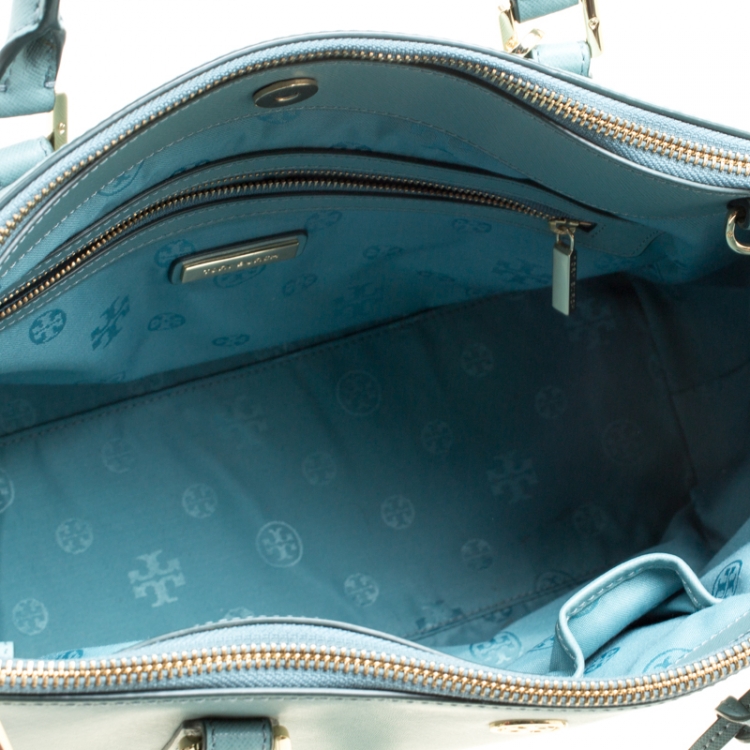 Pre Owned Tory Burch Pale Green Leather Robinson East West Top Handle Bag