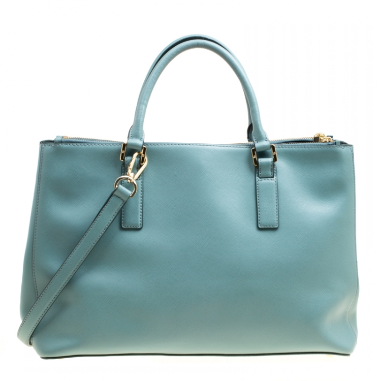 Pre Owned Tory Burch Pale Green Leather Robinson East West Top Handle Bag