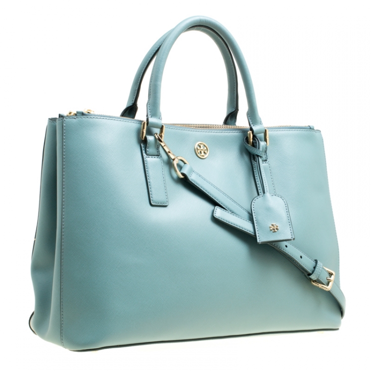 Pre Owned Tory Burch Pale Green Leather Robinson East West Top Handle Bag