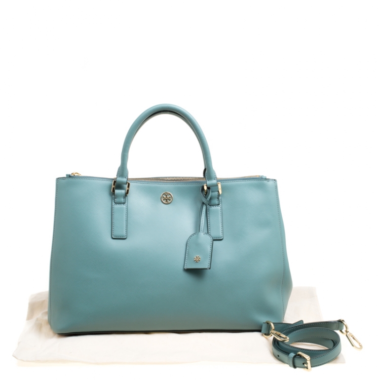Pre Owned Tory Burch Pale Green Leather Robinson East West Top Handle Bag