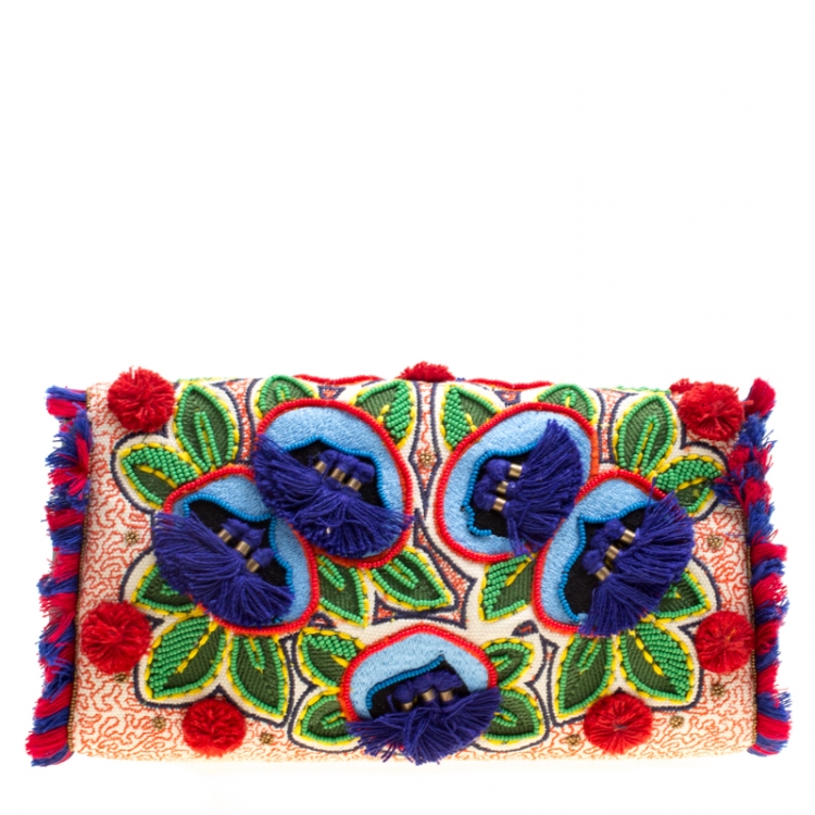 Pre Owned Tory Burch Multicolor Floral Embroidered Flap Clutch