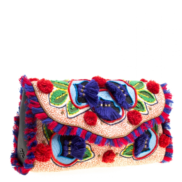 Pre Owned Tory Burch Multicolor Floral Embroidered Flap Clutch