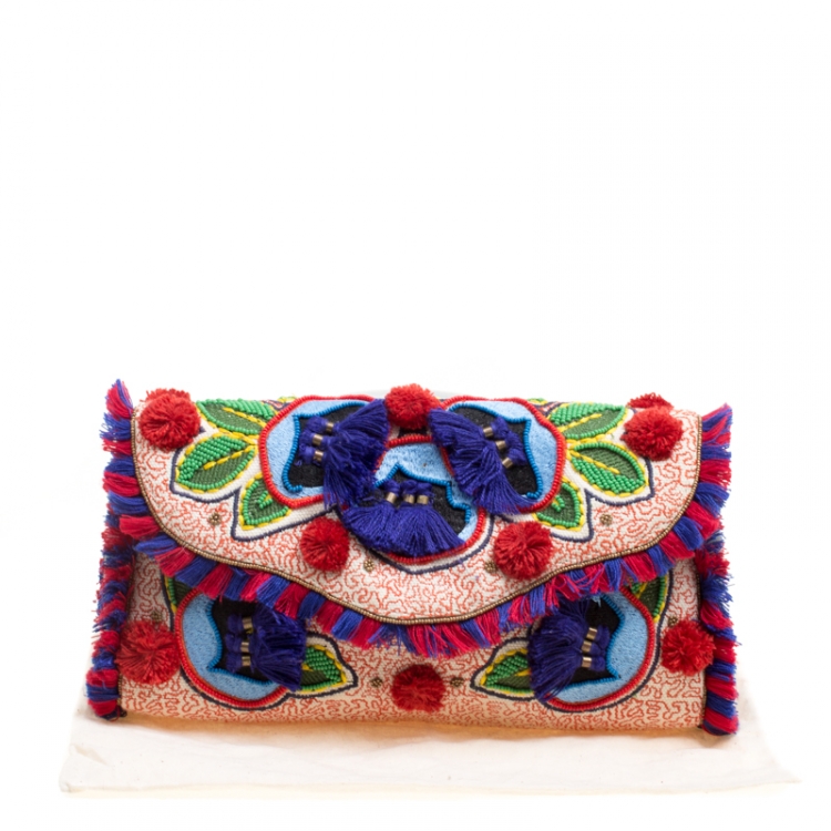 Pre Owned Tory Burch Multicolor Floral Embroidered Flap Clutch