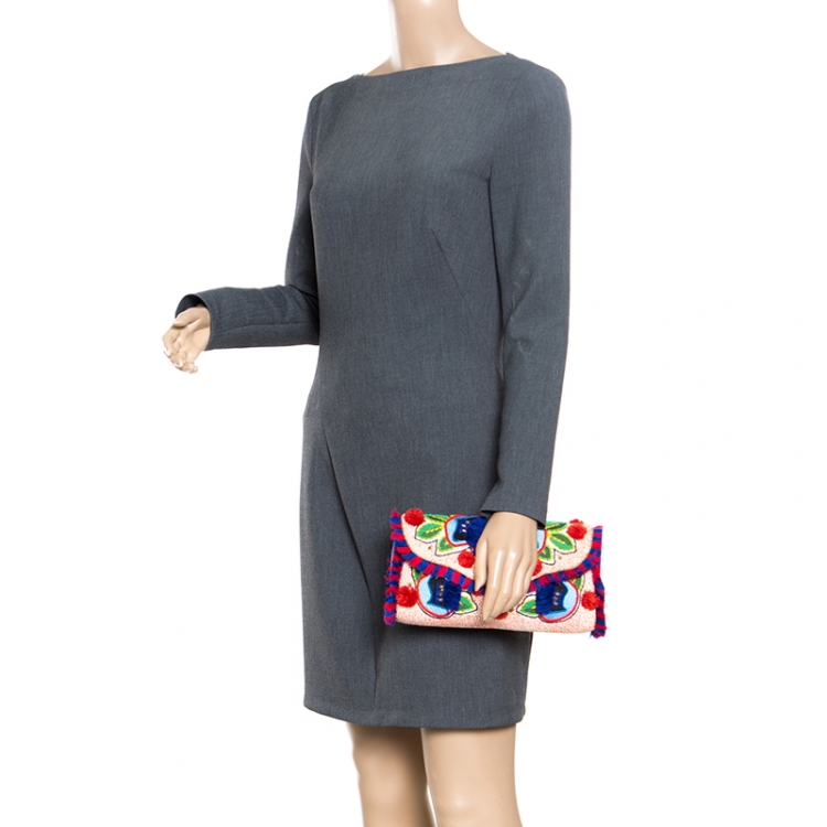 Pre Owned Tory Burch Multicolor Floral Embroidered Flap Clutch